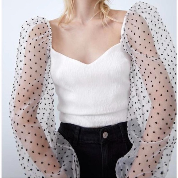 Zara Tops - Zara White Top with Sheer Polka Dot Sleeves